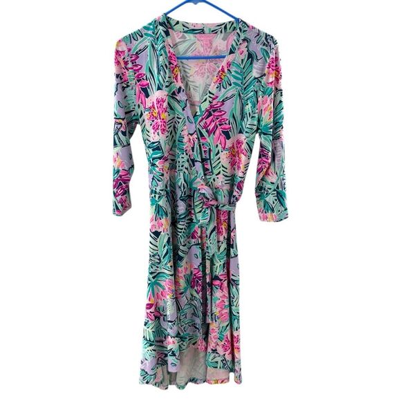 Lilly Pulitzer M Rosaline Wrap‎ Dress Tropical Floral Aqua Purple Asymmetrical - Picture 2 of 10